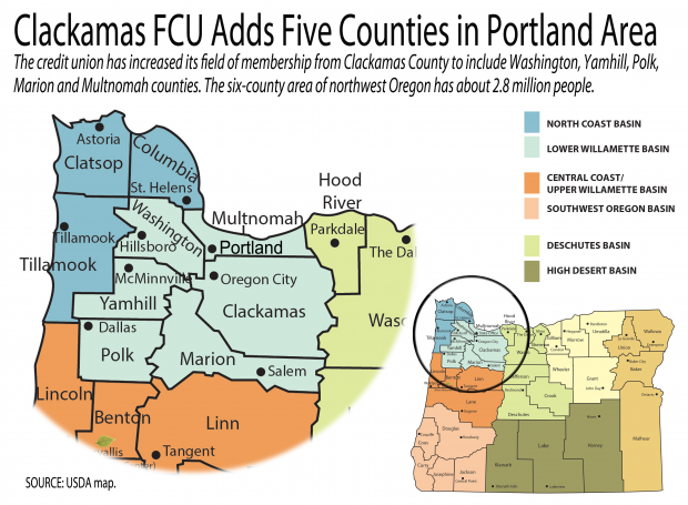 A map of northwest Oregon showing five new counties covered by a credit union.