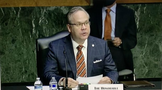 NCUA Chairman Todd Harper testifies before the Senate Banking Committee during his nomination hearing on Sept. 30, 2021.