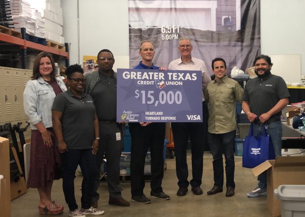 Senior Vice President and Chief Operations Officer Jason Goodman, Vice President of Collections Sidney Burkins, Assistant Vice President of Card Services Eric Jenson, and Debit Card Manager Shadon Calip with Greater Texas delivered the gift cards to the Austin Delivery Relief Network on Friday (Source: Greater Texas CU).