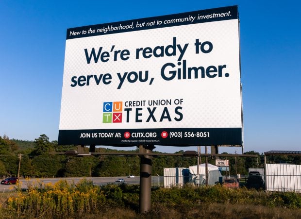 CUTX billboard in Gilmer, Texas, in October 2021 (Photo courtesy CUTX)