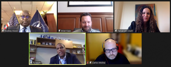 Clockwise from top left: The NCUA’s Rodney Hood, CMFG Ventures’ Brian Kaas, Goalsetter’s Tanya Van Court, CUNA Mutual Group’s Carlos Molina and Visions FCU’s Tyrone Muse participate in a Fintech Forum webinar Jan. 25.