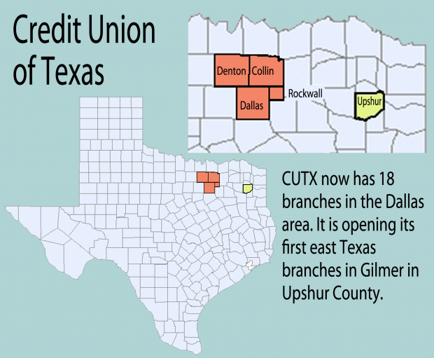 county map of Texas showing CUTX expansion into east Texas.