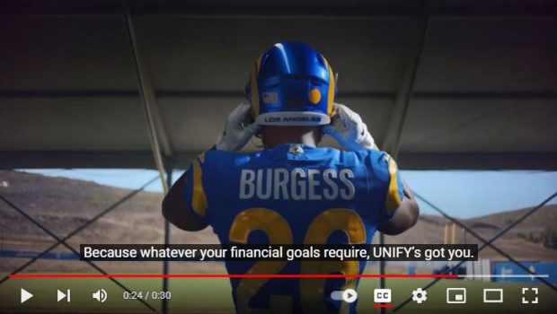 Screenshot of Super Bowl ad showing Los Angeles Rams Safety Terrell Burgess in full uniform.