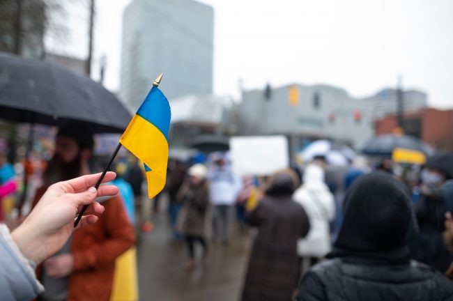 Ukrainian flag on the background of the rally