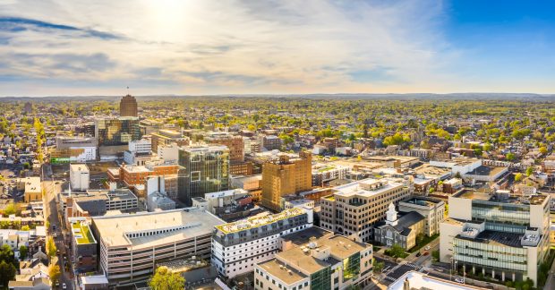 Aerial panorama of Allentown, Pennsylvania skyline on late sunny afternoon. Allentown is Pennsylvania's third most populous city.