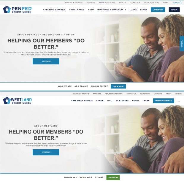 Screenshots of real PenFed Credit Union site (above) and a fake (below).