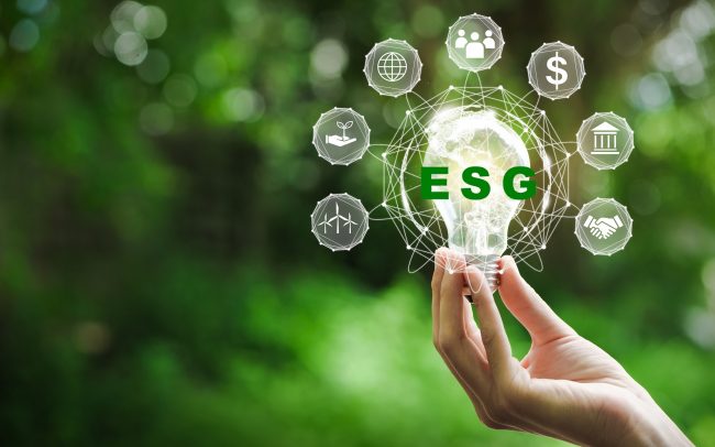 Hand holding light bulb with ESG icon concept for environmental, social, and governance in sustainable and ethical business 