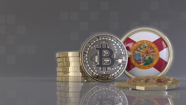 3d rendering of some metallic Bitcoins in front of an badge with the flag of Florida State USA