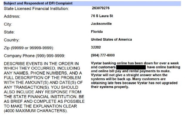 Image of a complaint filed with the Florida Office of Financial Regulation by a member of VyStar Credit Union.