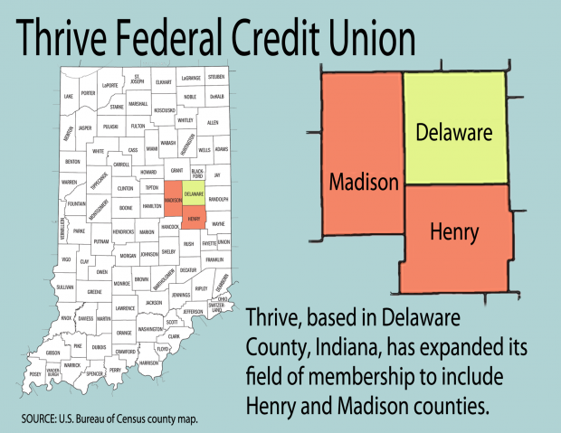 Map of Indiana showing the three county area served by Thrive Credit Union
