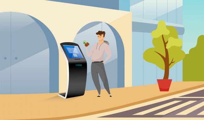 Automated teller machine flat color vector illustration. Smiling man near cash kiosk cartoon character with street on background. Financial transaction software. Self service electronic equipment