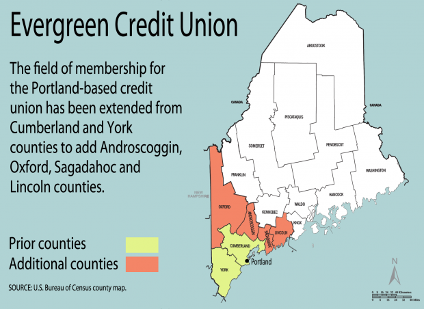 County map of Maine showing the field of membership expansion for the credit union.