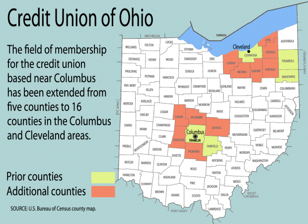 County map of Ohio showing the field of membership expansion for the credit union.