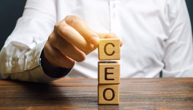 Wooden blocks with the word CEO and businessman. Chief Executive Officer. Boss, top management position in a team or company. Leader, Leadership. Business concept