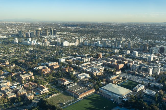 Aerial view of Westwood and the UCLA campus in Los Angeles.