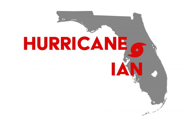 Map of Florida with an image of Hurricane Ian over it.