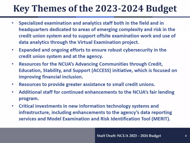 Key themes to the 2023-2024 NCUA proposed budget. 