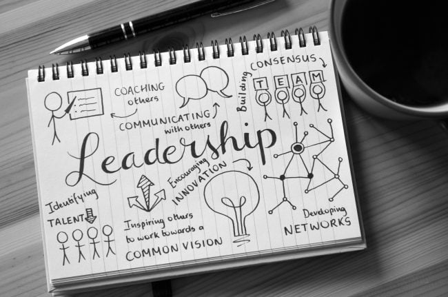 The word leadership on notepad full of doodles