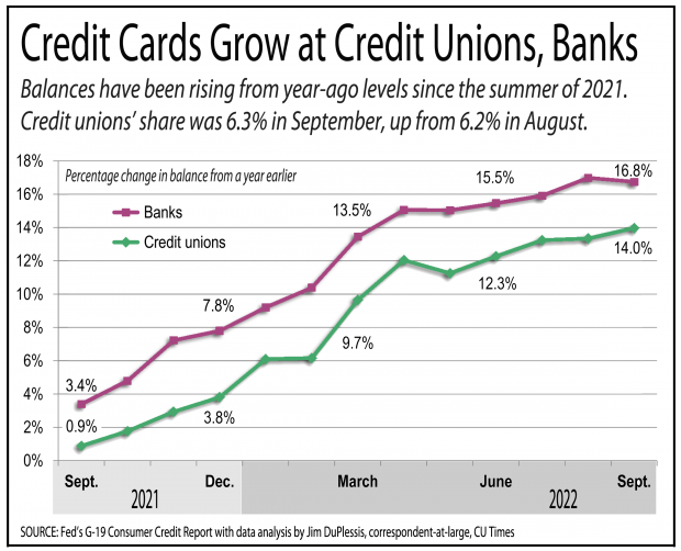 Line chart illustrating growth in credit card balances held by credit unions.  .