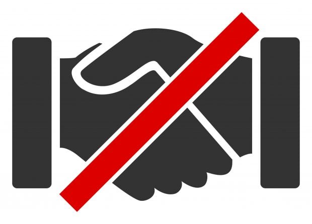 Vector forbidden handshakes flat icon. Vector pictograph style is a flat symbol forbidden handshakes icon on a white background.
