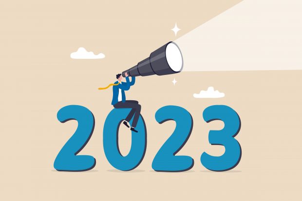 Year 2023 outlook, business opportunity or new challenge ahead, vision to make decision or move forward, plan and perspective concept, confidence businessman look through telescope on year 2023.