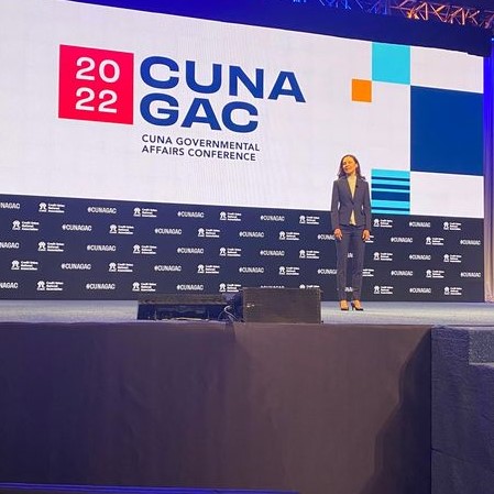 WOCCU President/CEO Elissa McCarter LaBorde speaks during the 2022 CUNA GAC in Washington, D.C. (Photo: WOCCU).