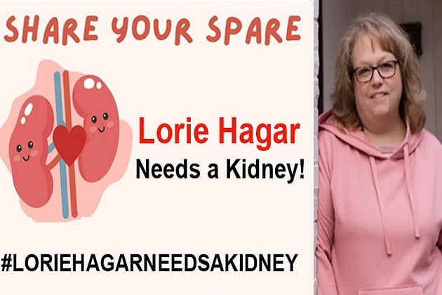 Sign asking for a kidney donation for Lorie Hagar