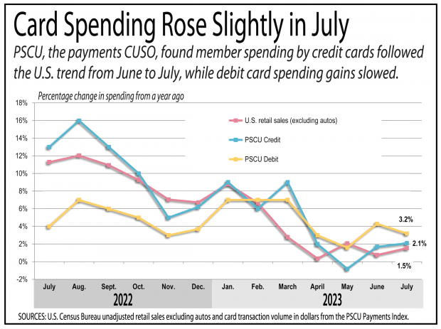 line graph chart showing credit card spending for credit union members rose slightly in July 2023