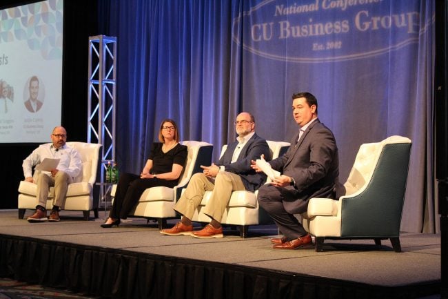 Conrey (right) speaks with panelists (from left to right) Mike Smith, vice president/senior business services officer for CUBG; Claire White, vice president/business deposit services for Sound Credit Union ($2.8 billion, Tacoma, Wash.); and Harold Scoggins, attorney for Farleigh, Wada Witt about cannabis banking at CUBG's National Conference in Portland, Ore., in August. 