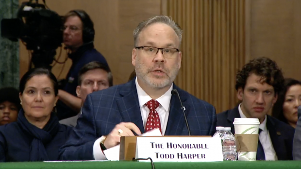 NCUA Chair Todd Harper testifying during a Senate Committee hearing on Tuesday, Nov. 14, 2023.