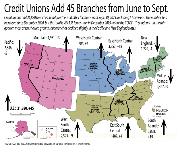 U.S. map showing how many credit union branches there are as of the end of the third quarter of 2023