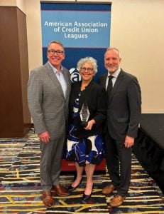 L-R: AACUL Chair and CrossState Credit Union Association President/CEO Patrick Conway, Dyskstra and AACUL President Brad Miller