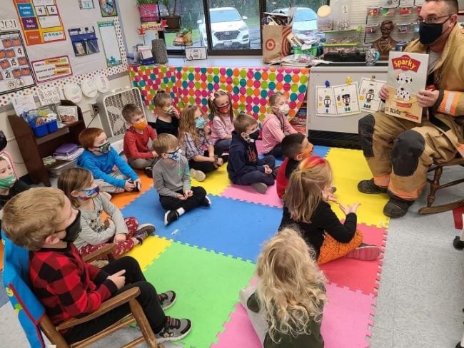 Lewin teaches elementary school students about fire safety