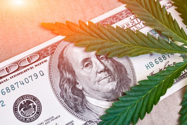A $100 bill with a marijuana leaf sitting on top of it
