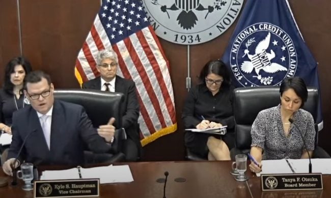 NCUA Vice Chair Kyle Hauptman talks about overdraft fee disclosures during Wednesday's board meeting.