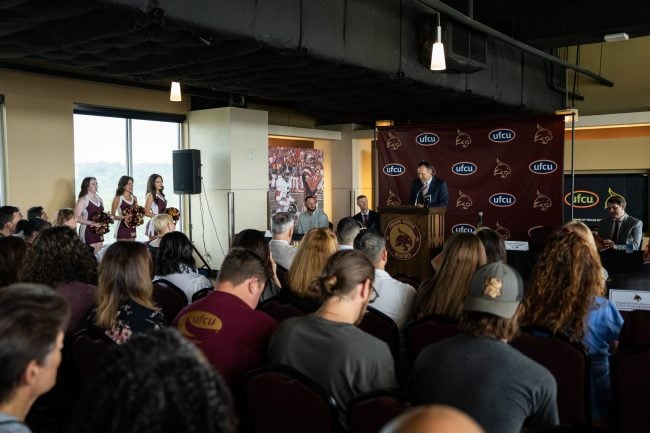 Texas State President Kelly Damphousse speaks at a press conference focused on the new UFCU-Texas State partnership