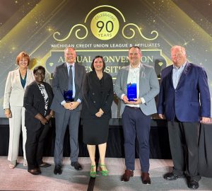 From left to right: MSUFCU Board Members Elizabeth Lawrence, Angela W. Brown and Greg Deppong; President/CEO April Clobes; Chief Digital Strategy and Innovation Officer Ben Maxim and Board Member Bill Beekman celebrate at the 2024 MCUL Honor Awards Gala