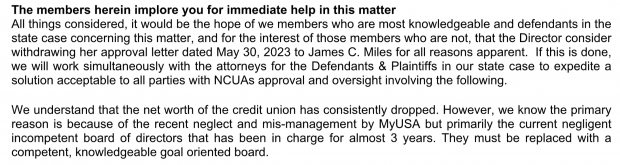 Portion of a letter from Snider to NCUA's Shameka Sutton and Jasmine Harley on Aug. 14, 2023.