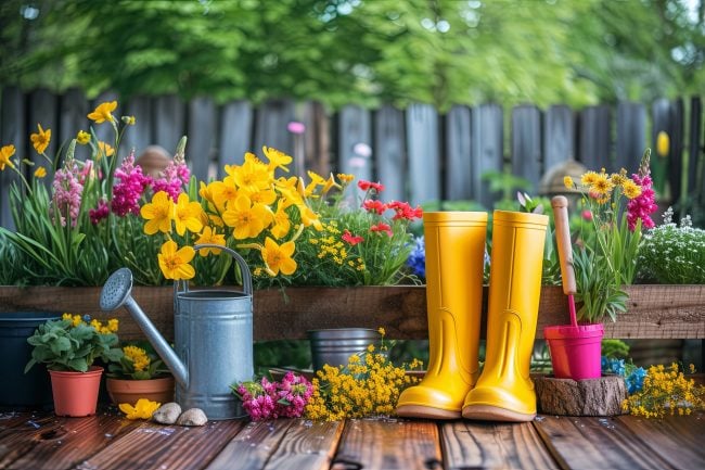 Gardening tools, spring flowers, gardening glows, watering can on green grass in the garden.