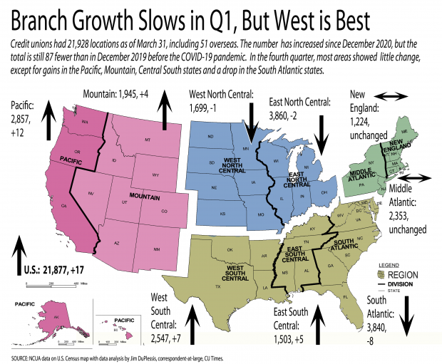 Map of the U.S. showing the number of credit union branches in different regions