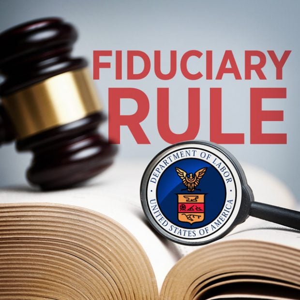 Fiduciary Rule words on law book with gavel