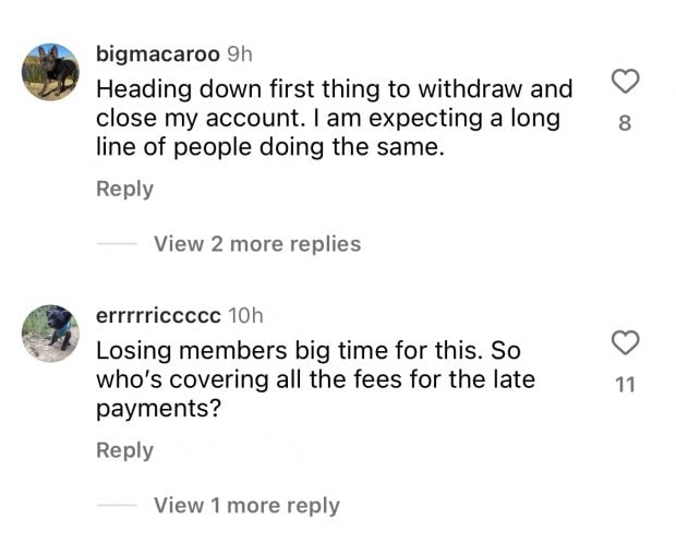 Comments posted on Patelco Credit Union's Instagram feed concerning the outage.