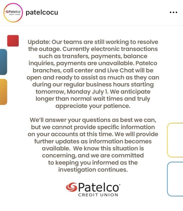 Instagram message posted by Patelco Credit Union on Sunday, June 30.