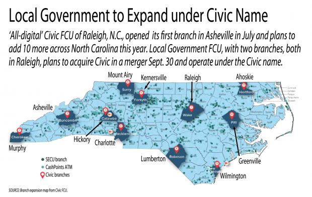 Map of Civic FCU branches across North Carolina