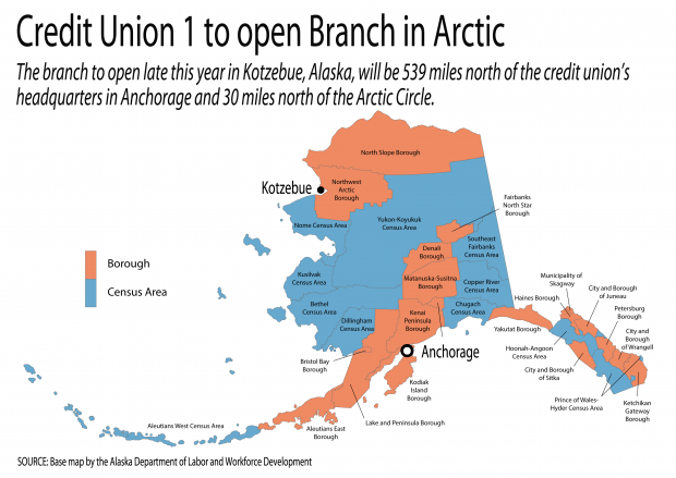 Map of Alaska showing the new branch location for Credit Union 1