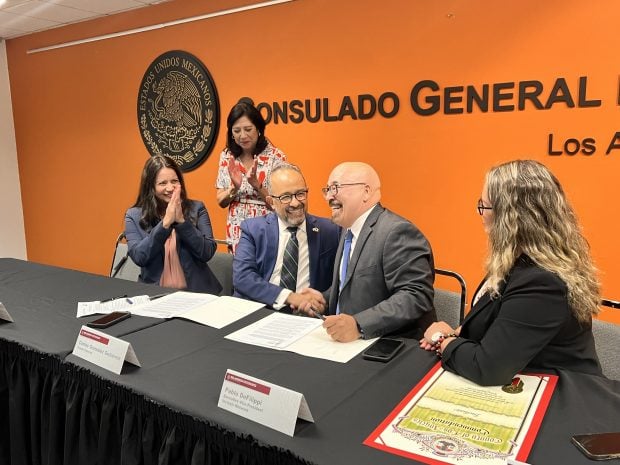 (L to R) Jennifer Oliver, LA County Sup. Hilda Solis, Carlos Gonzalez Gutierrez, Pablo DeFilippi, Diana Cervantes. Credit/Rize Credit Union