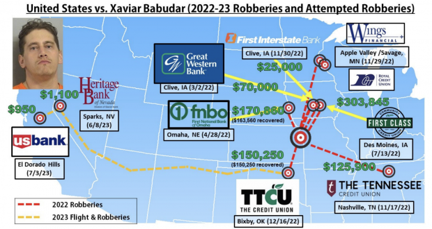 Map of robberies and attempted robberies by Xaviar Babudar. Credit/FBI