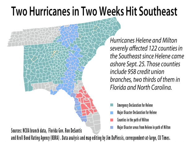 Map of counties impacted and/or damaged by Hurricanes Helene and Milton , also where many credit union branches are located in Florida, North and South Carolina, Georgia and Tennessee