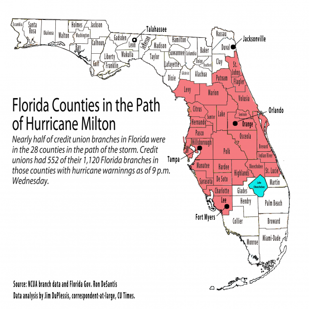 Map of Florida counties with credit union branches impacted by Hurricane Milton