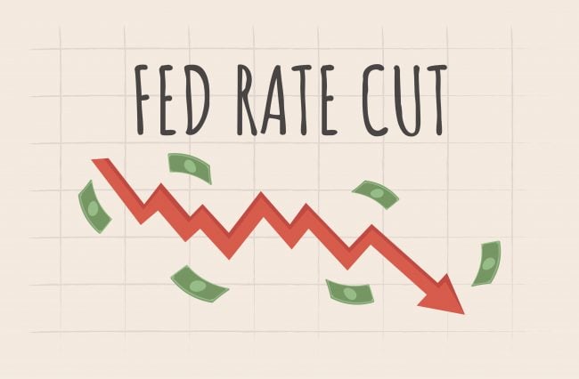 Fed rate cut. Federal reserve big interest rate down. Modern vector illustration with an arrow pointing down, 3d flying banknotes and text